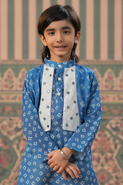 Boy Bandhani Kurta With Balloon Pant Set - Blue