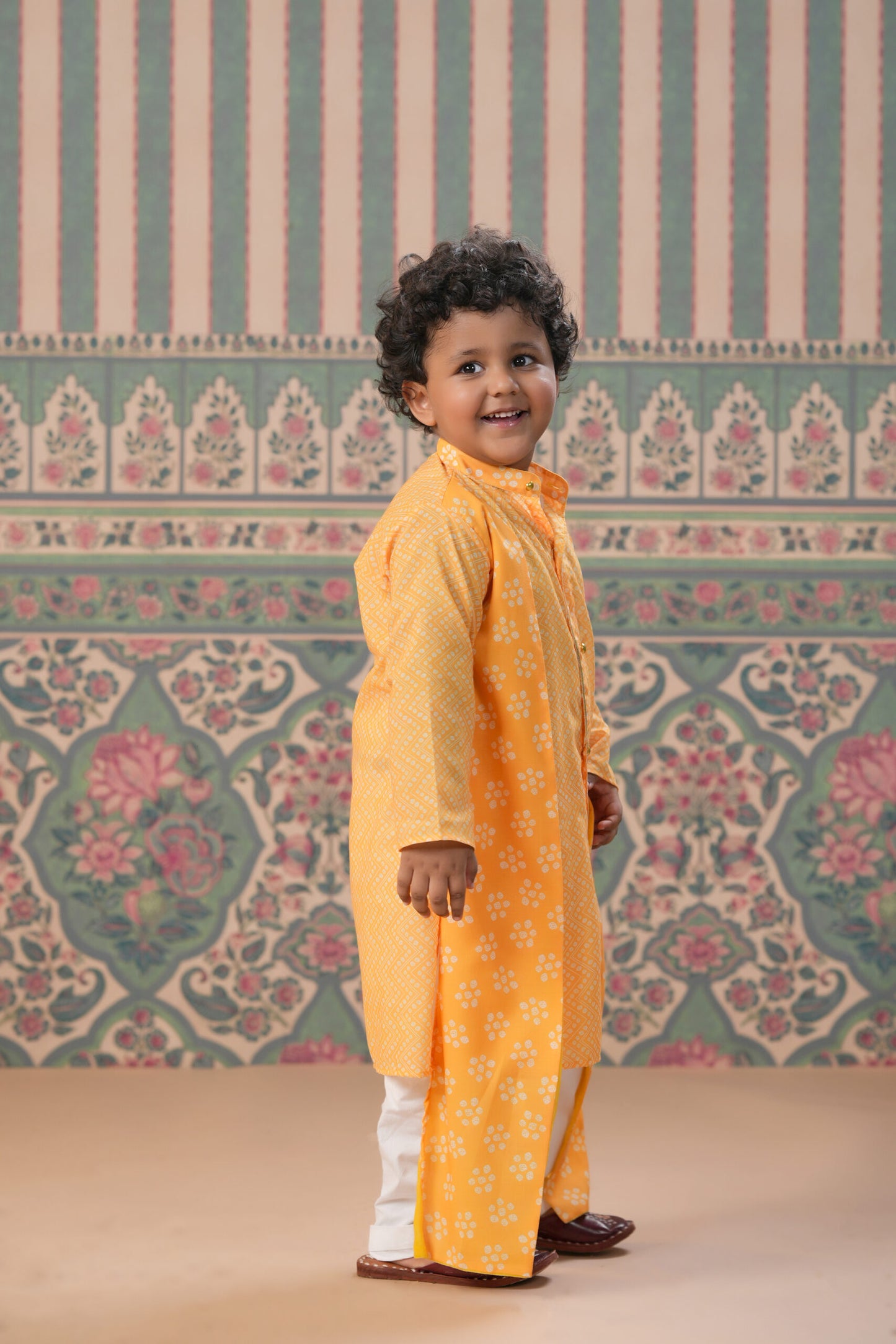 Boy Bandhani print kurta Set - Yellow