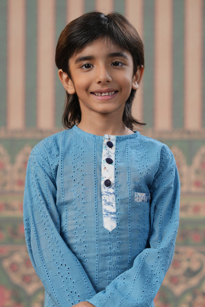 Boy Schiffli Cotton Kurta Salwar-Blue