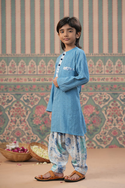 Boy Schiffli Cotton Kurta Salwar-Blue