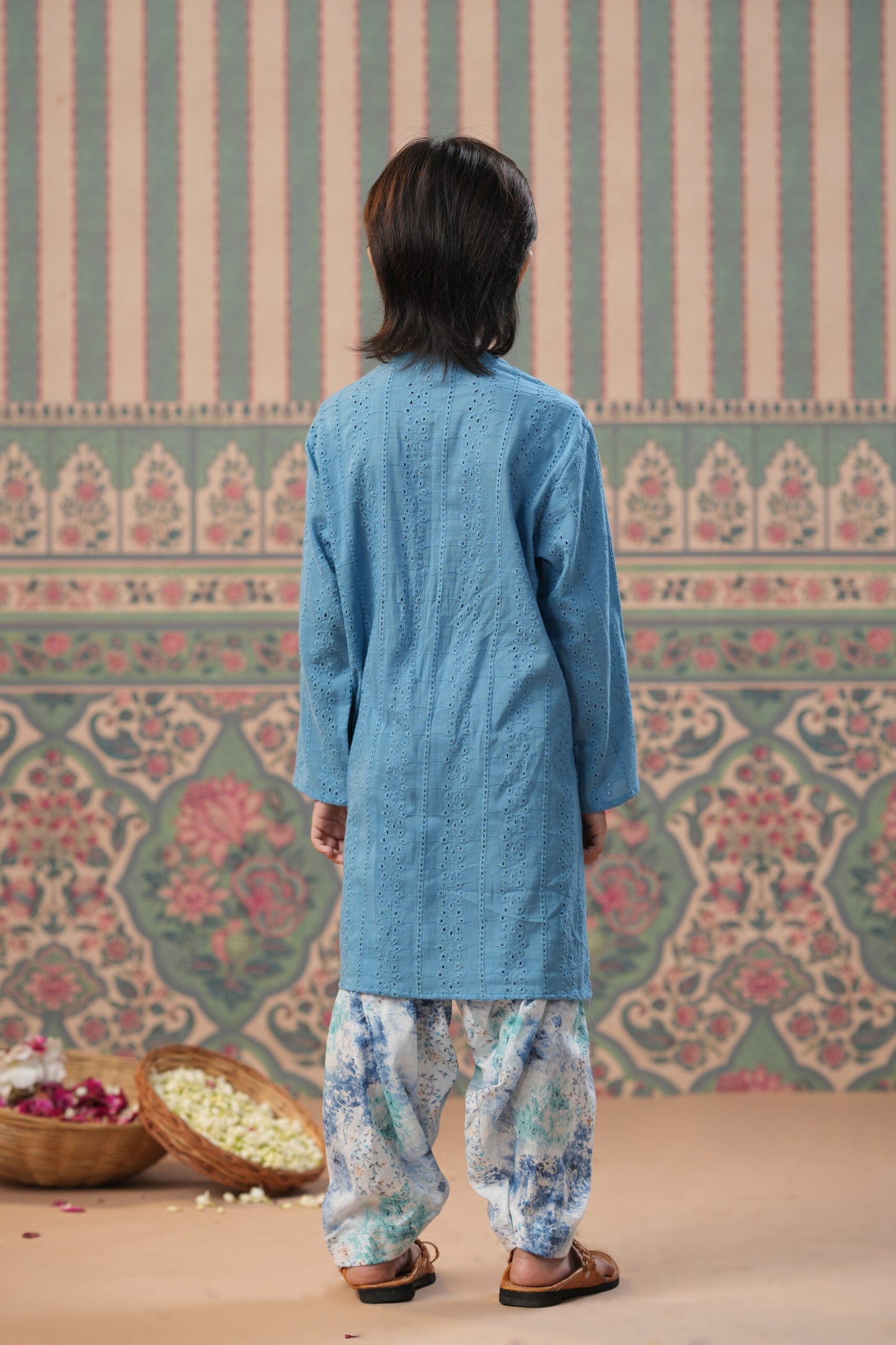 Boy Schiffli Cotton Kurta Salwar-Blue