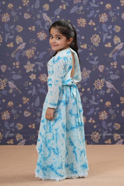 Girl Cotton Schiffli Skirt Set-Blue