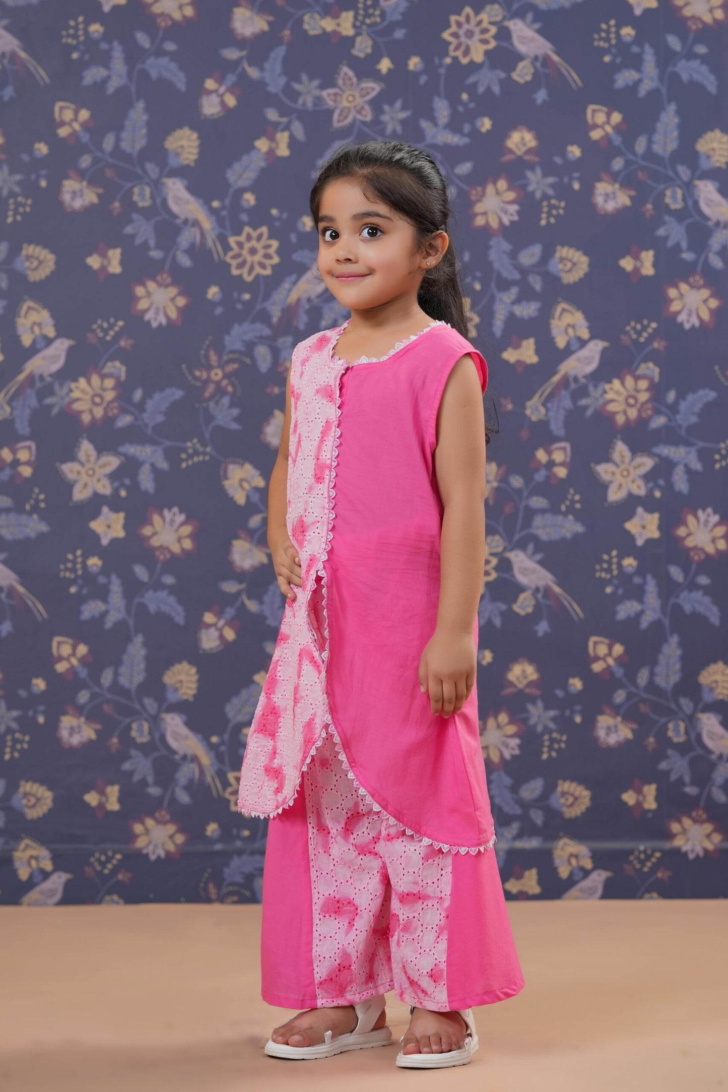 Girls Schiffli Kurta Sharara Set-Pink