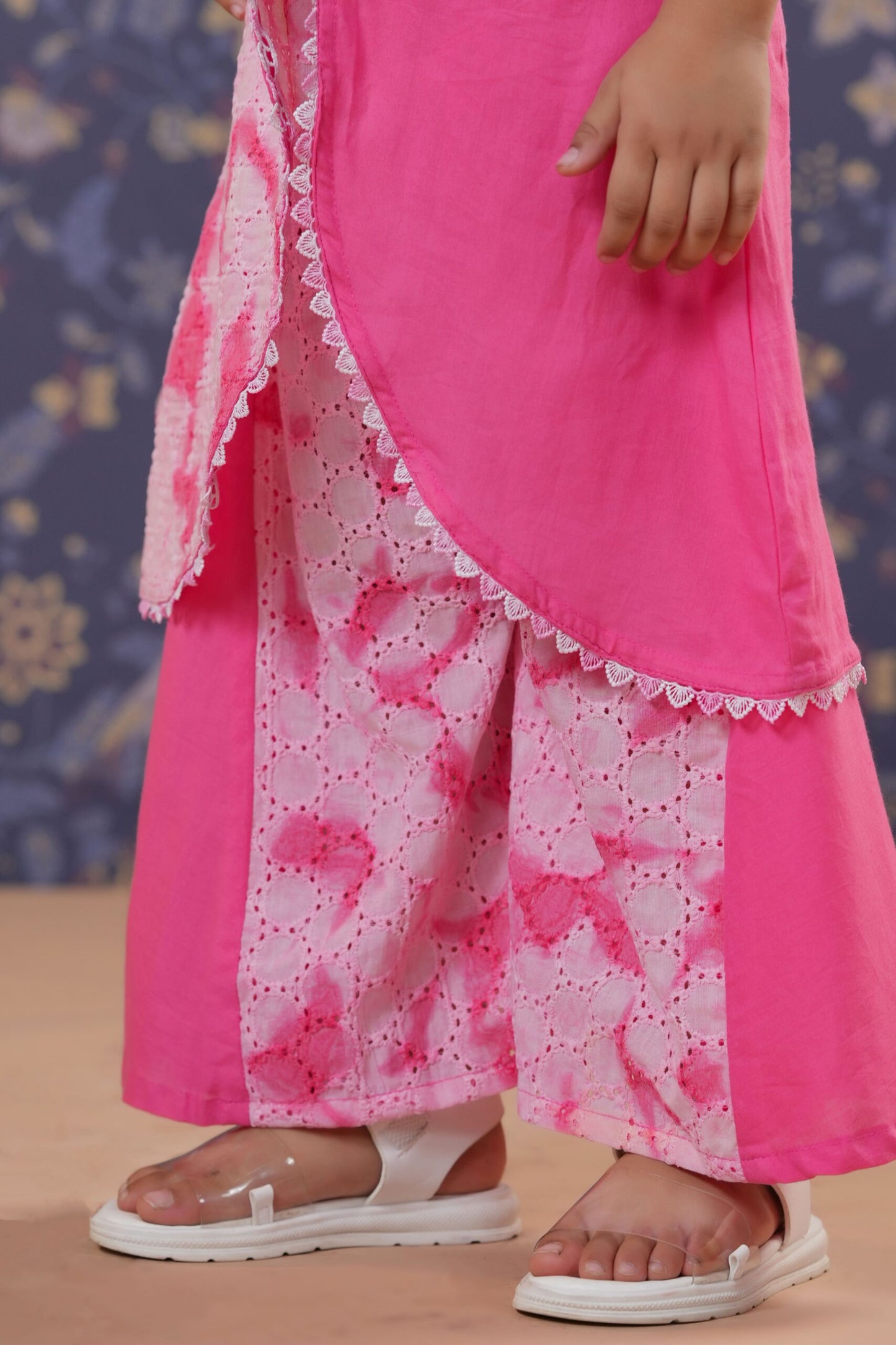 Girls Schiffli Kurta Sharara Set-Pink