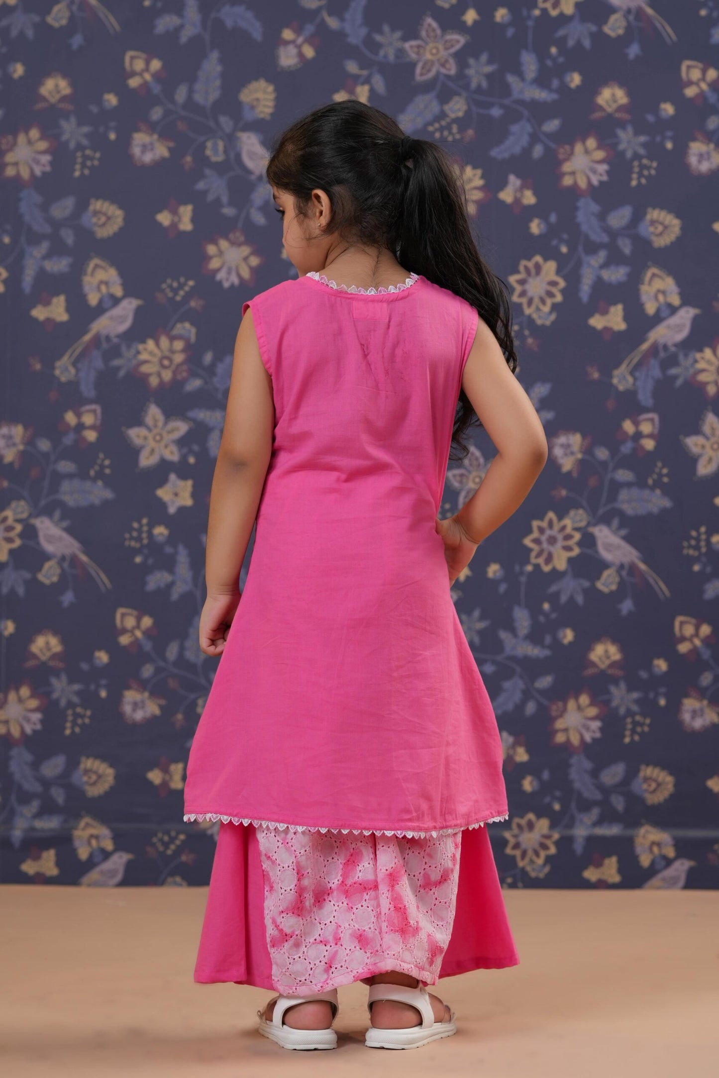 Girls Schiffli Kurta Sharara Set-Pink