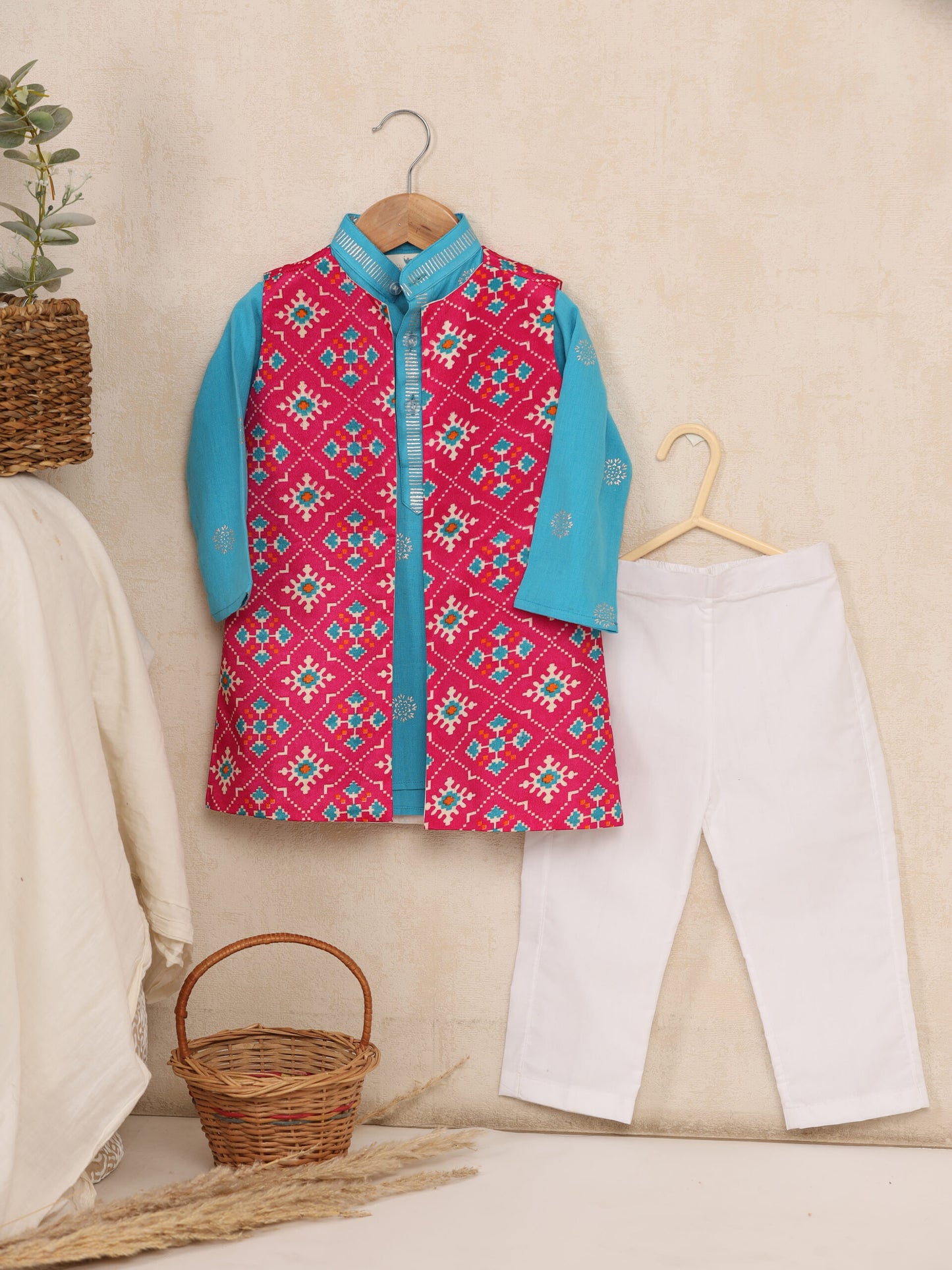 Boy Patola Print 3 Pc Bundi Set - Turquoise