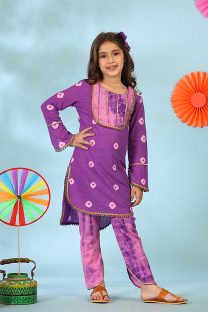 Girl Shibori Kurta Set-Purple