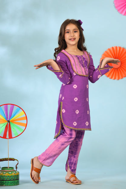 Girl Shibori Kurta Set-Purple