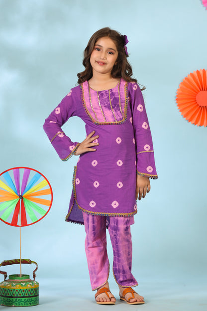 Girl Shibori Kurta Set-Purple