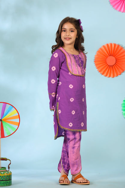 Girl Shibori Kurta Set-Purple