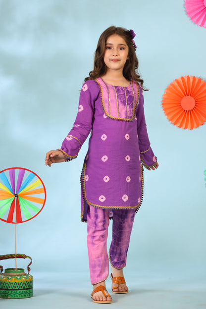 Girl Shibori Kurta Set-Purple