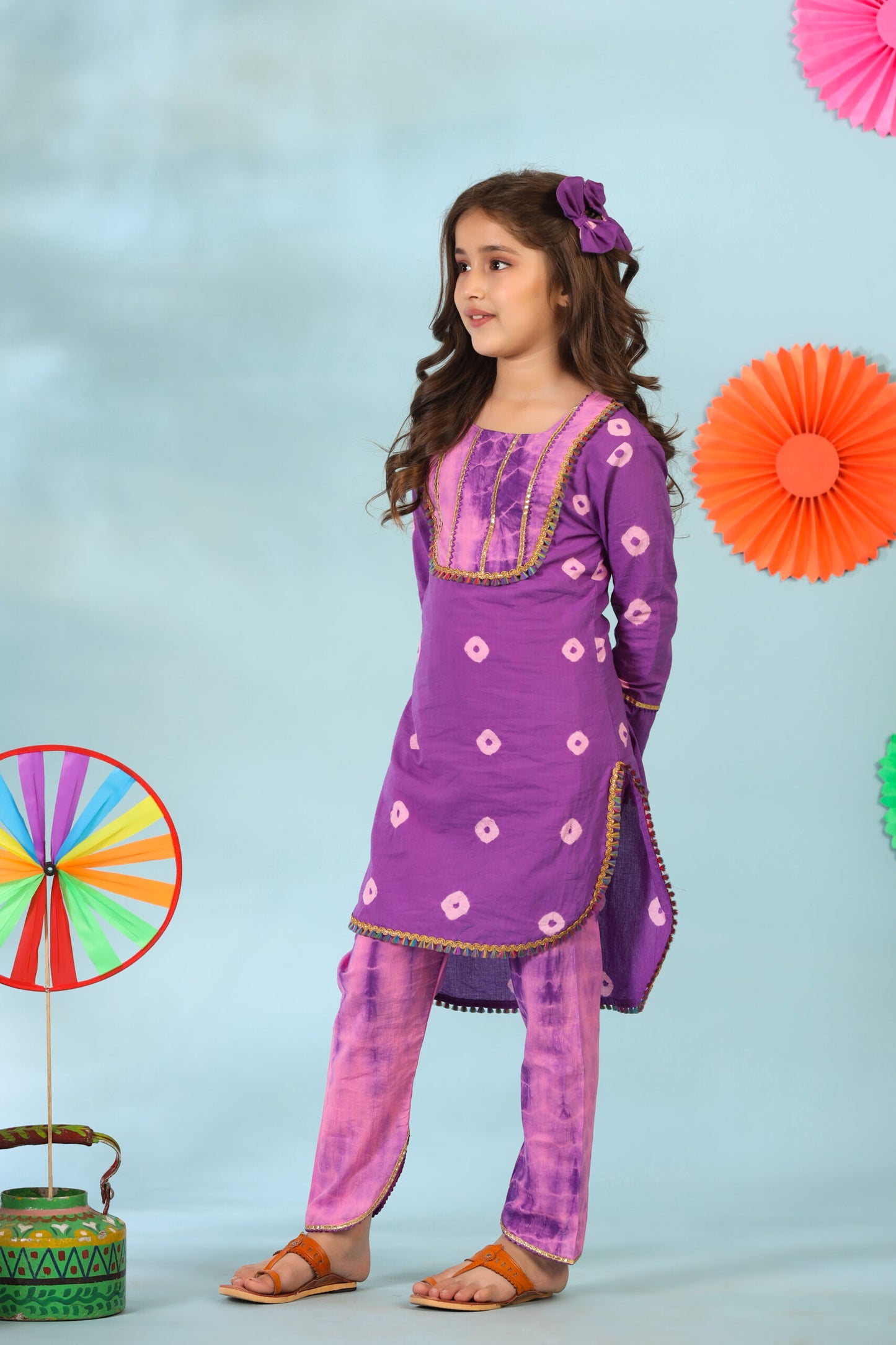 Girl Shibori Kurta Set-Purple