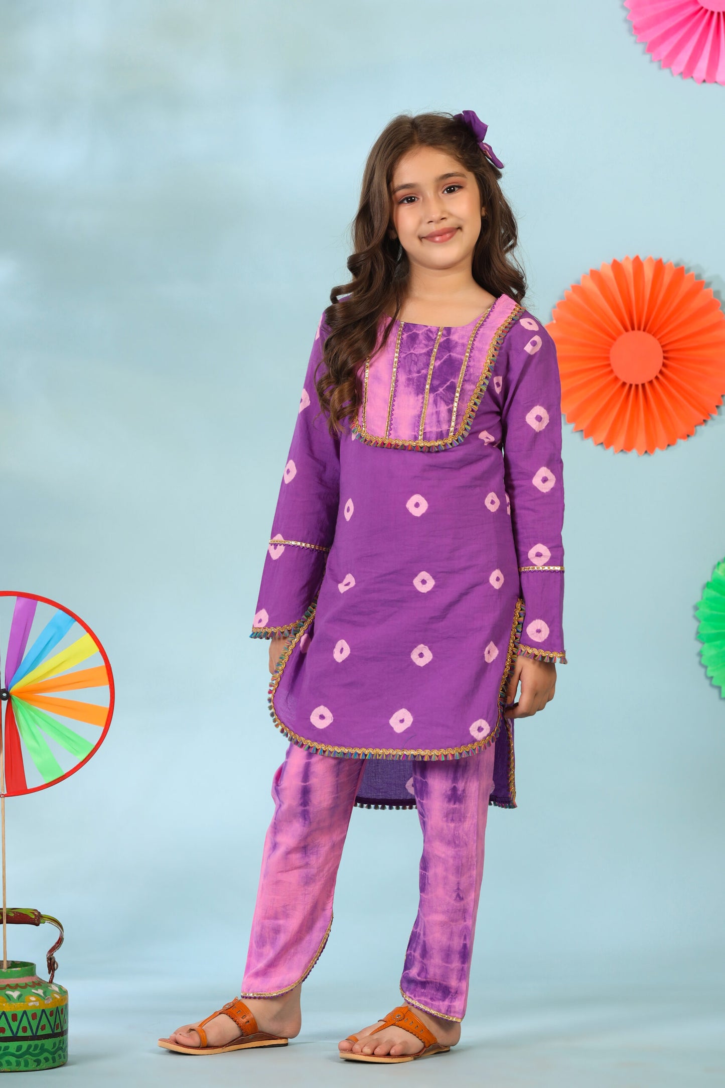 Girl Shibori Kurta Set-Purple