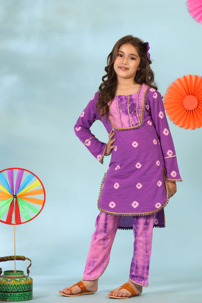 Girl Shibori Kurta Set-Purple