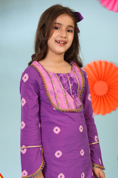 Girl Shibori Kurta Set-Purple