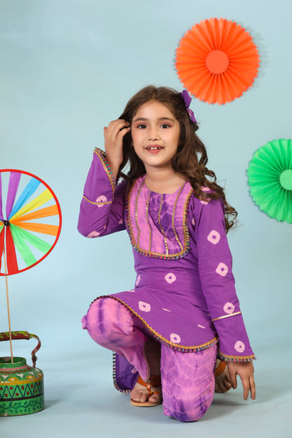 Girl Shibori Kurta Set-Purple