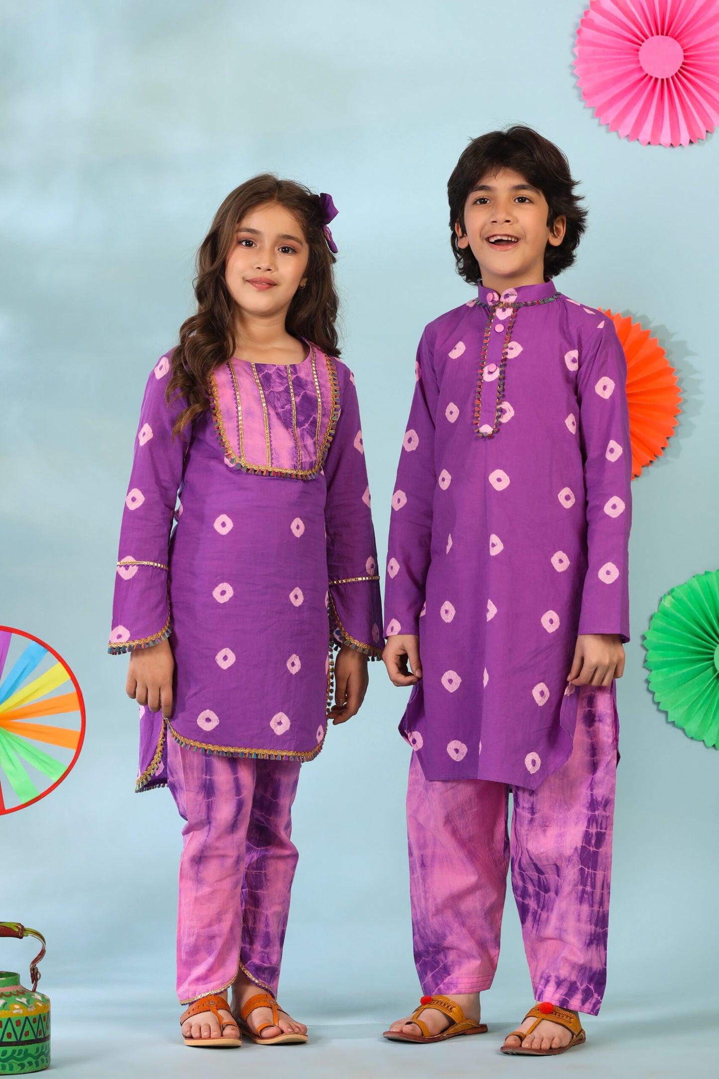 Girl Shibori Kurta Set-Purple