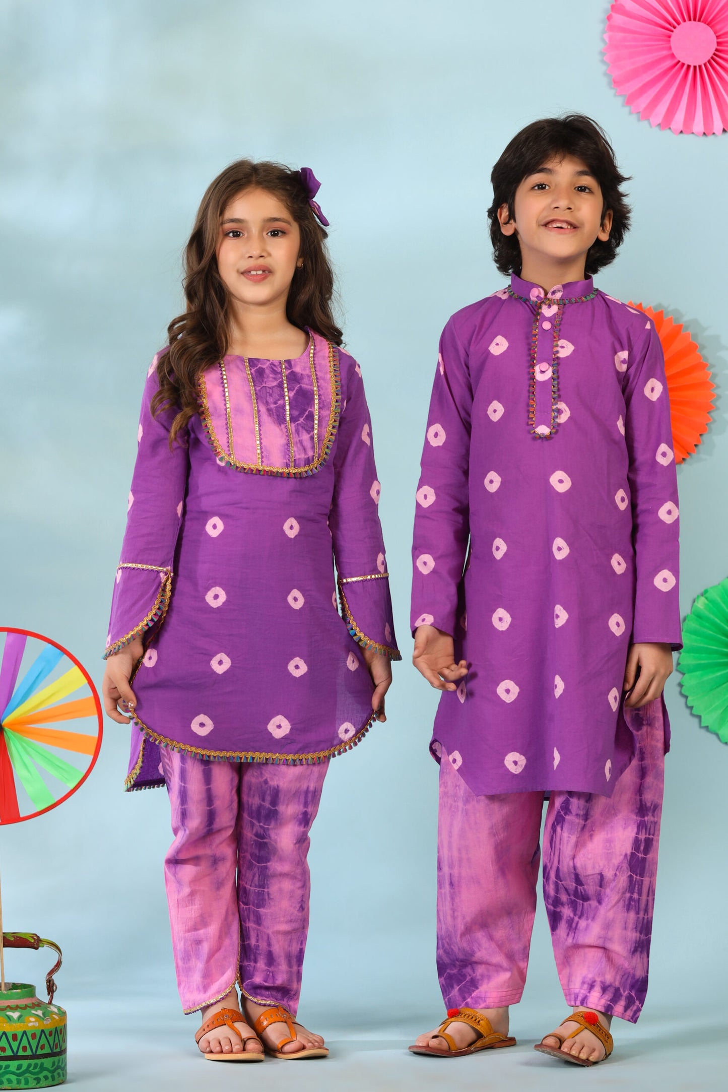 Girl Shibori Kurta Set-Purple