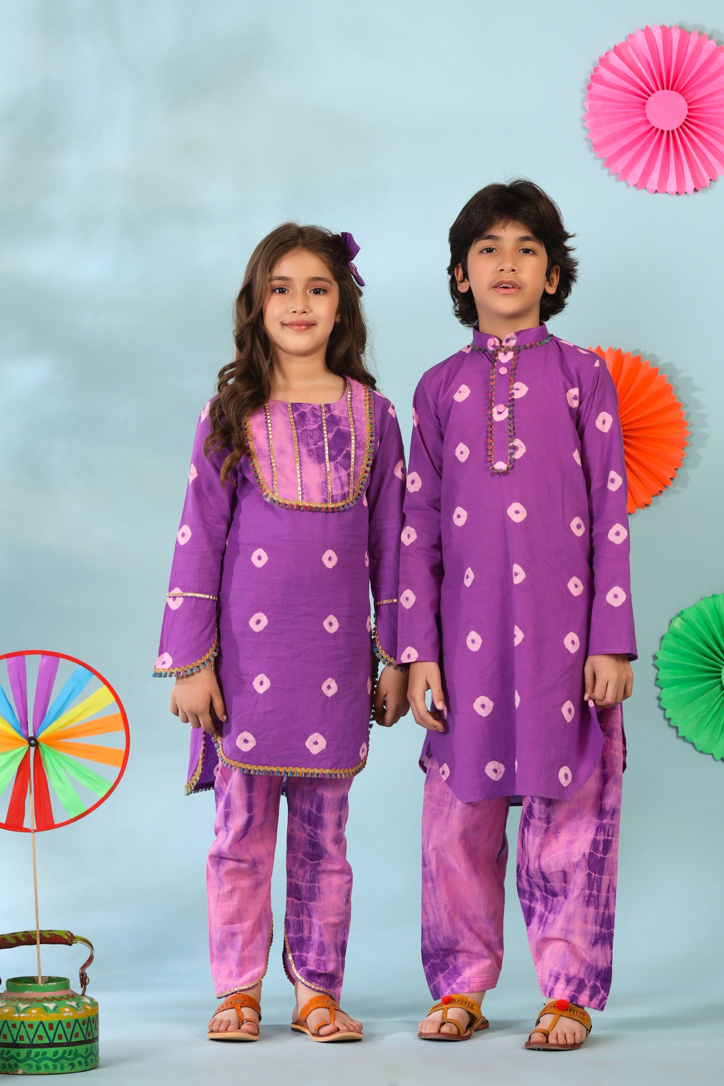 Girl Shibori Kurta Set-Purple