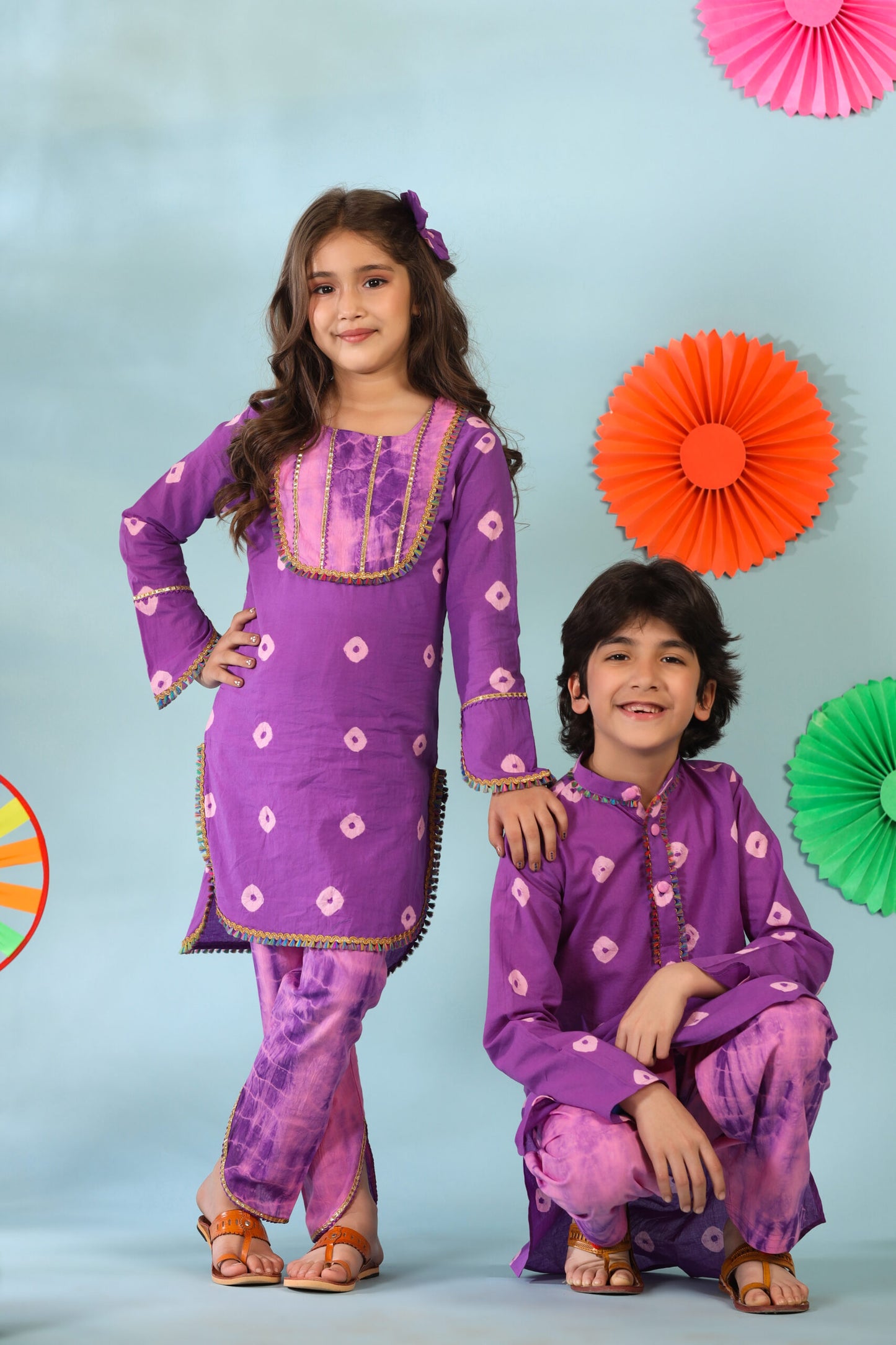 Girl Shibori Kurta Set-Purple