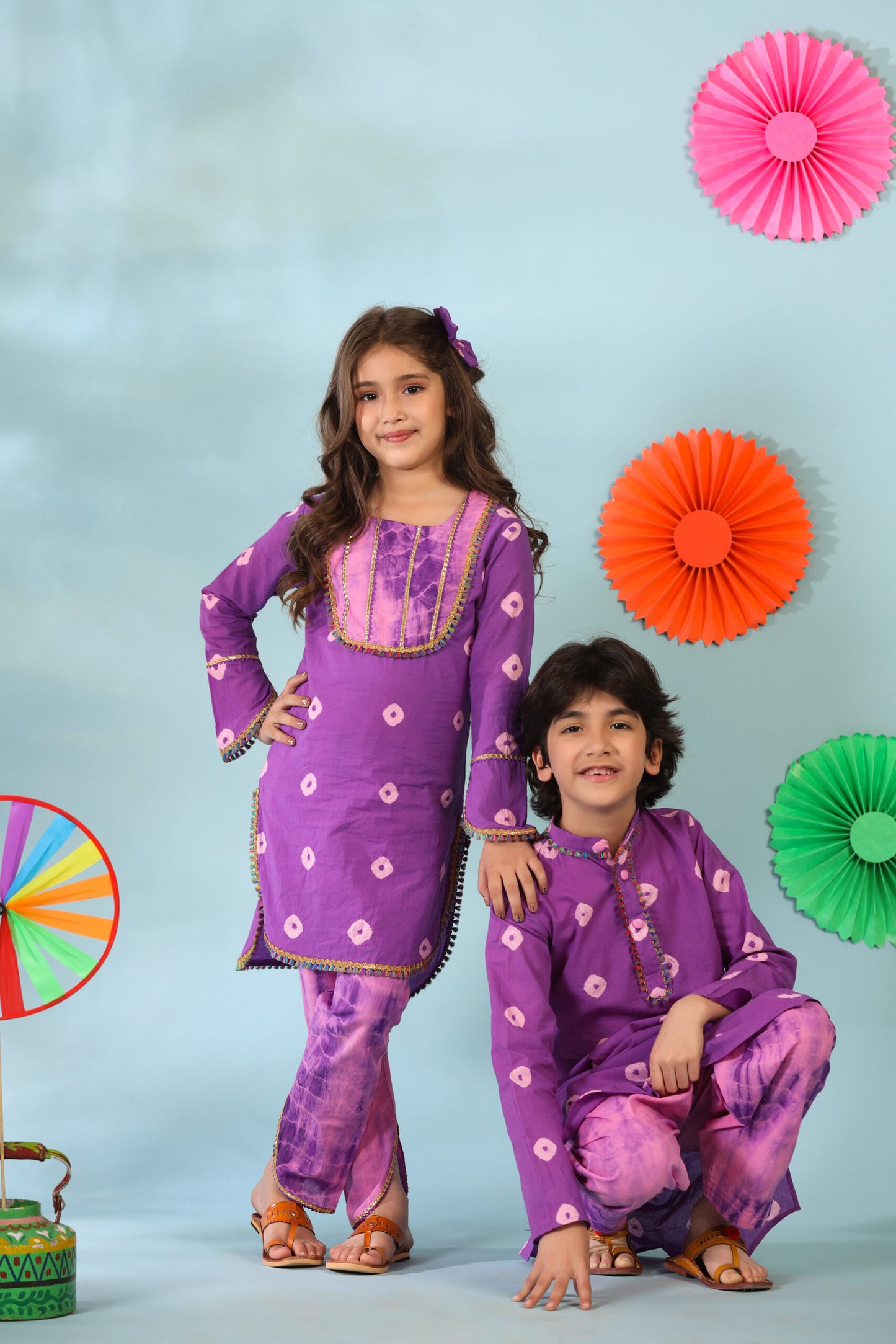 Girl Shibori Kurta Set-Purple