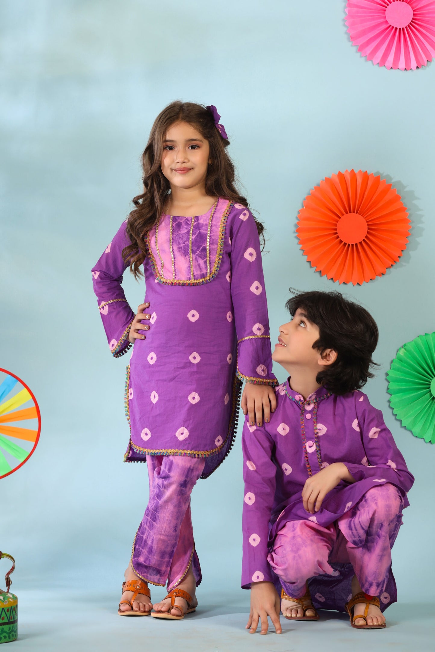 Girl Shibori Kurta Set-Purple