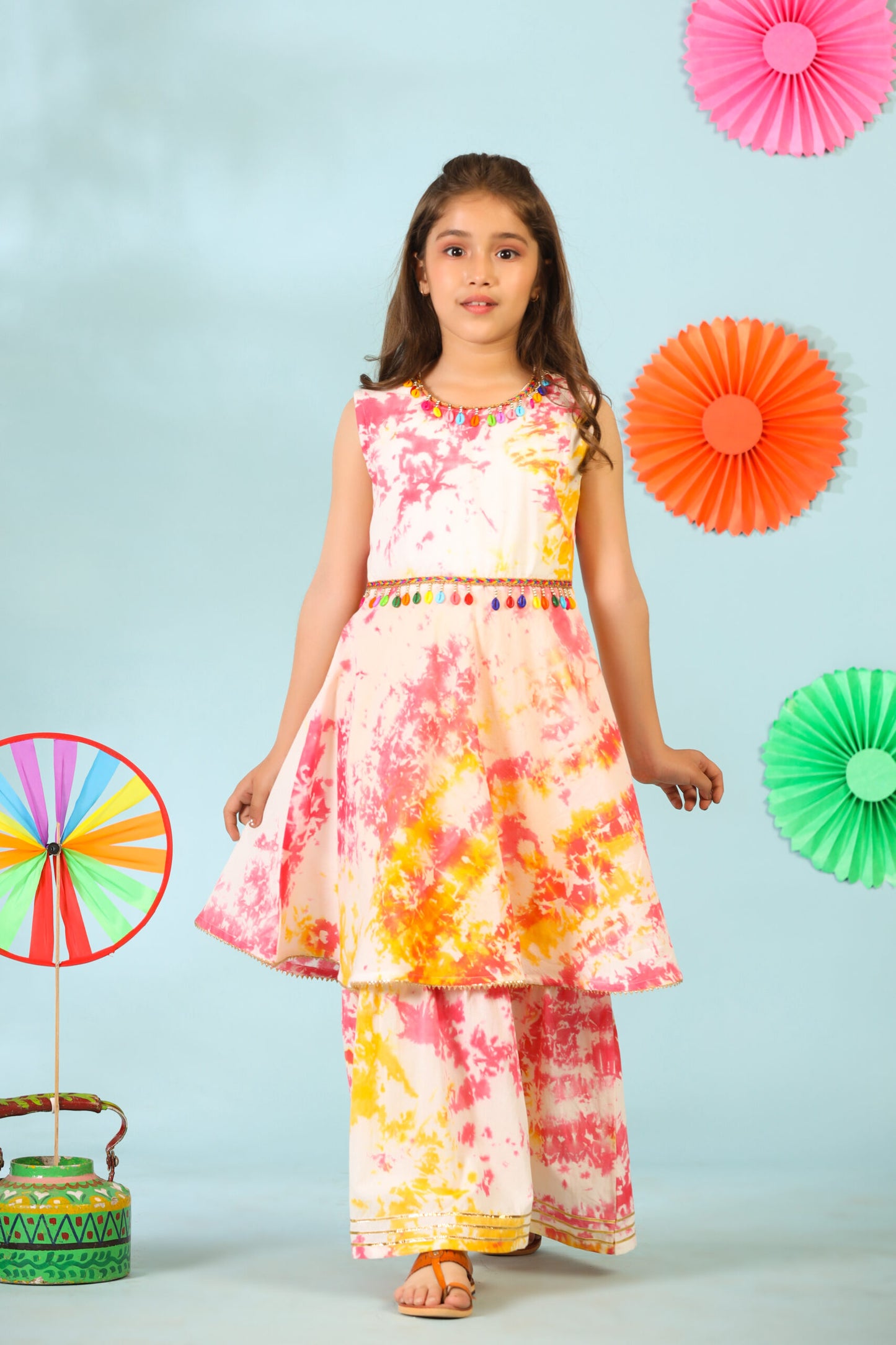 Girl Colurful Tie and Dye Palzzo Set - Multi