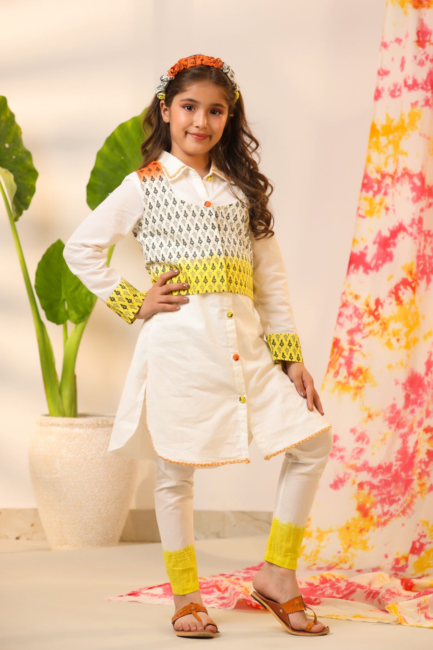 Girl Ombre Kurta Set-White