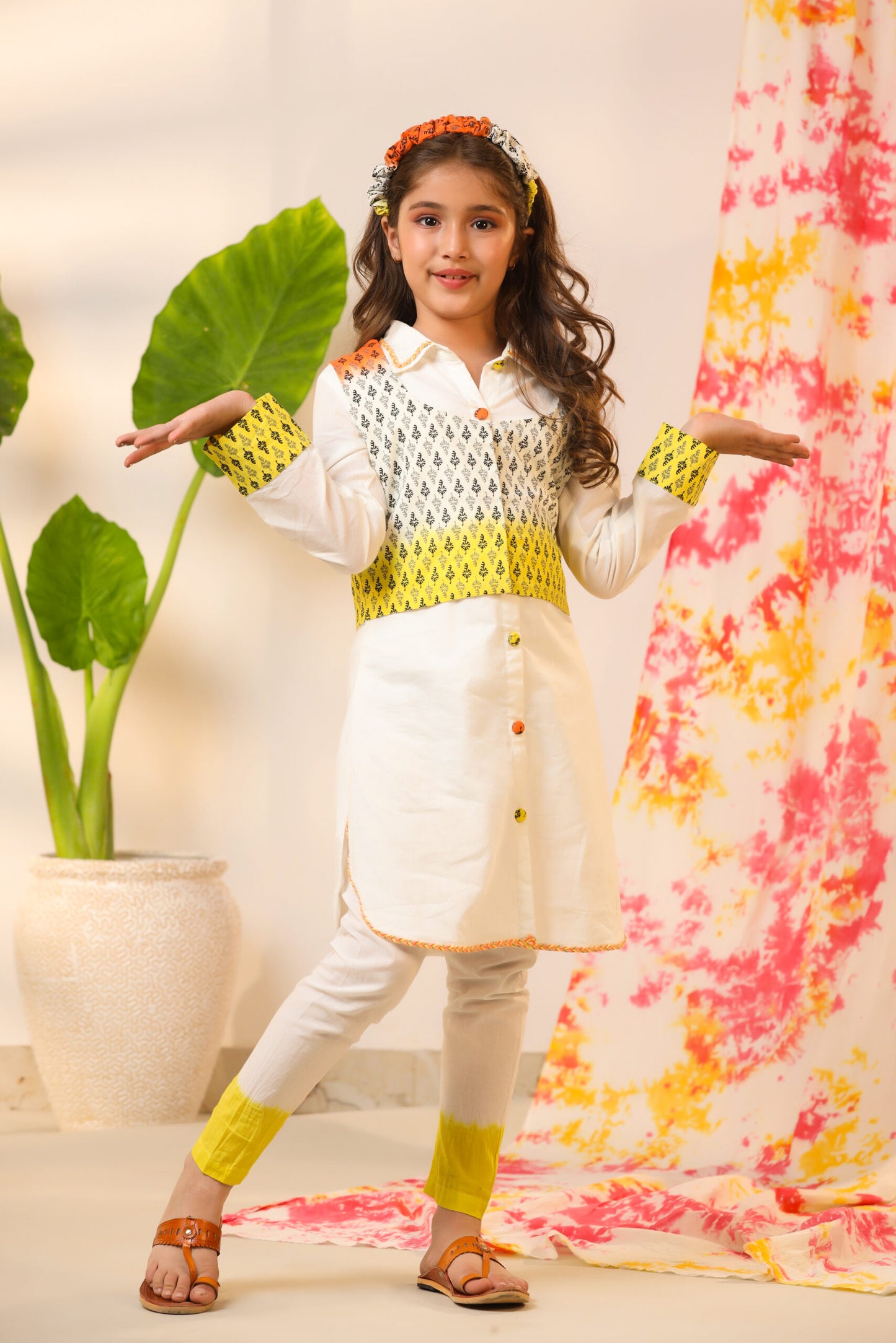 Girl Ombre Kurta Set-White