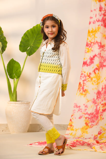 Girl Ombre Kurta Set-White