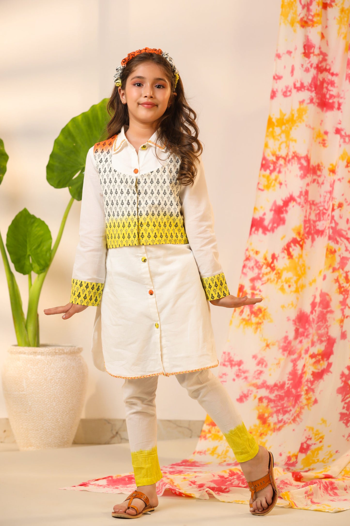 Girl Ombre Kurta Set-White