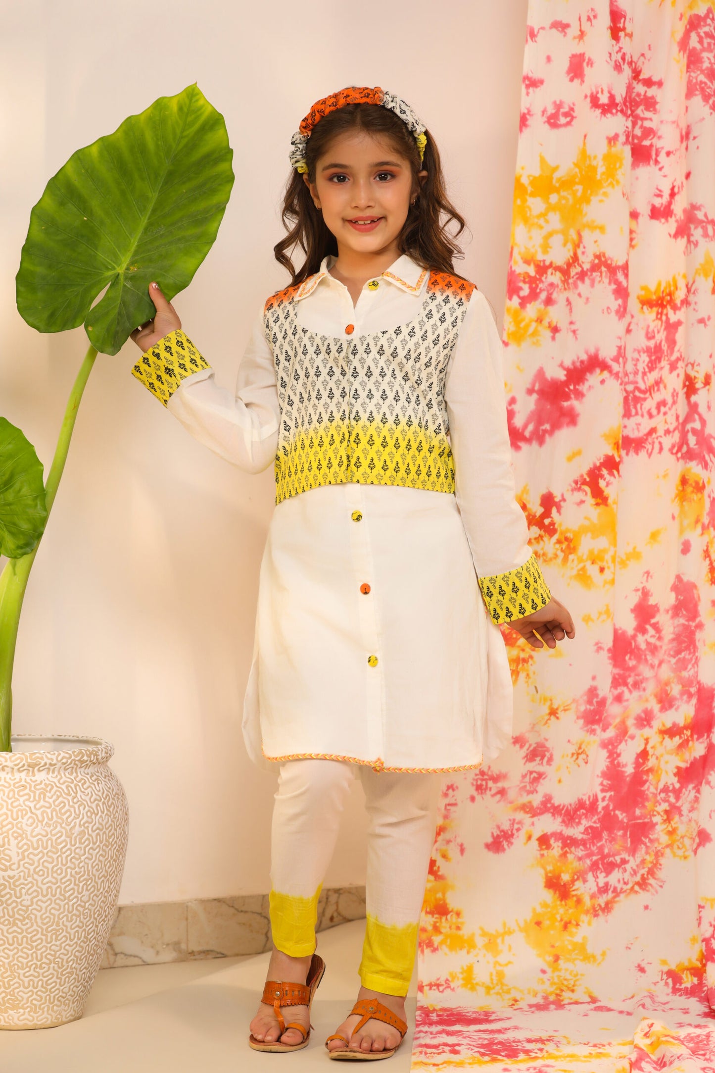 Girl Ombre Kurta Set-White