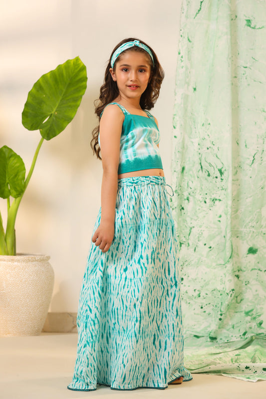 Girl Shibori Skirt Top Set-Green