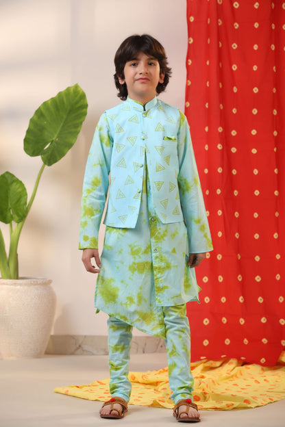 Boy Tie and Dye Print Bundi Kurta Set-Sky Blue