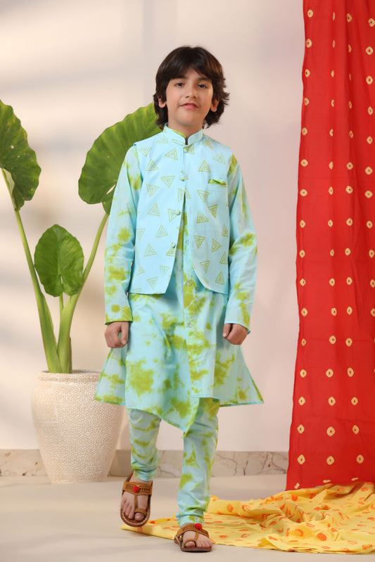 Boy Tie and Dye Print Bundi Kurta Set-Sky Blue