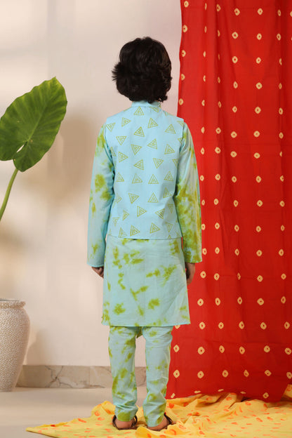 Boy Tie and Dye Print Bundi Kurta Set-Sky Blue