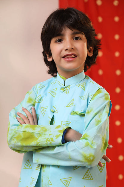 Boy Tie and Dye Print Bundi Kurta Set-Sky Blue