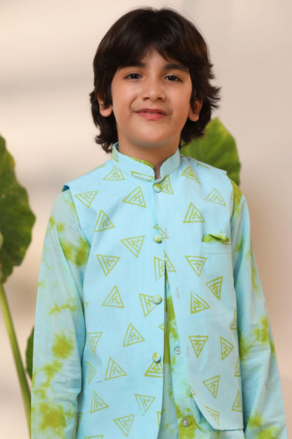 Boy Tie and Dye Print Bundi Kurta Set-Sky Blue