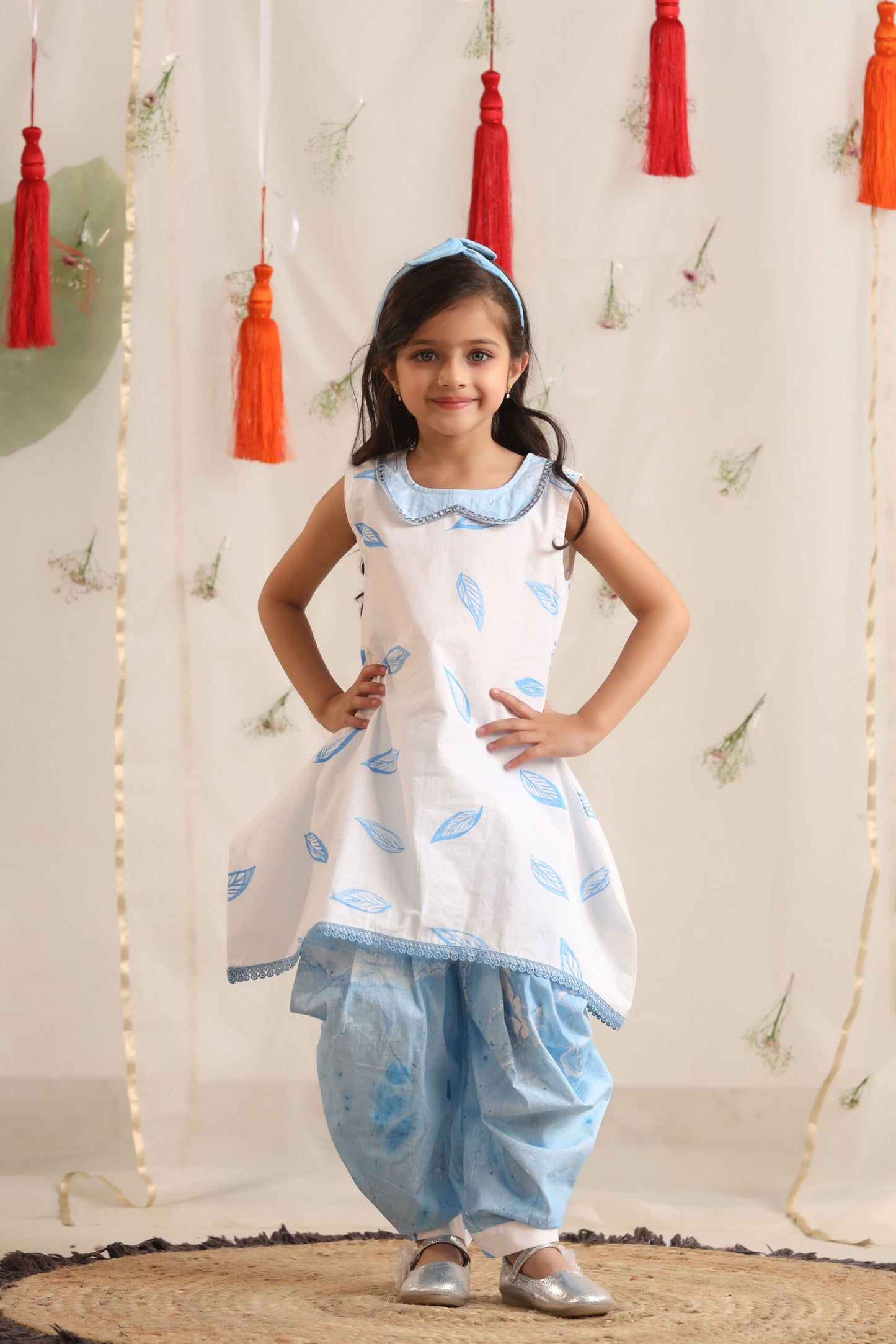 Girl Leaf Print Top with Cowl Dhoti Pants-Blue