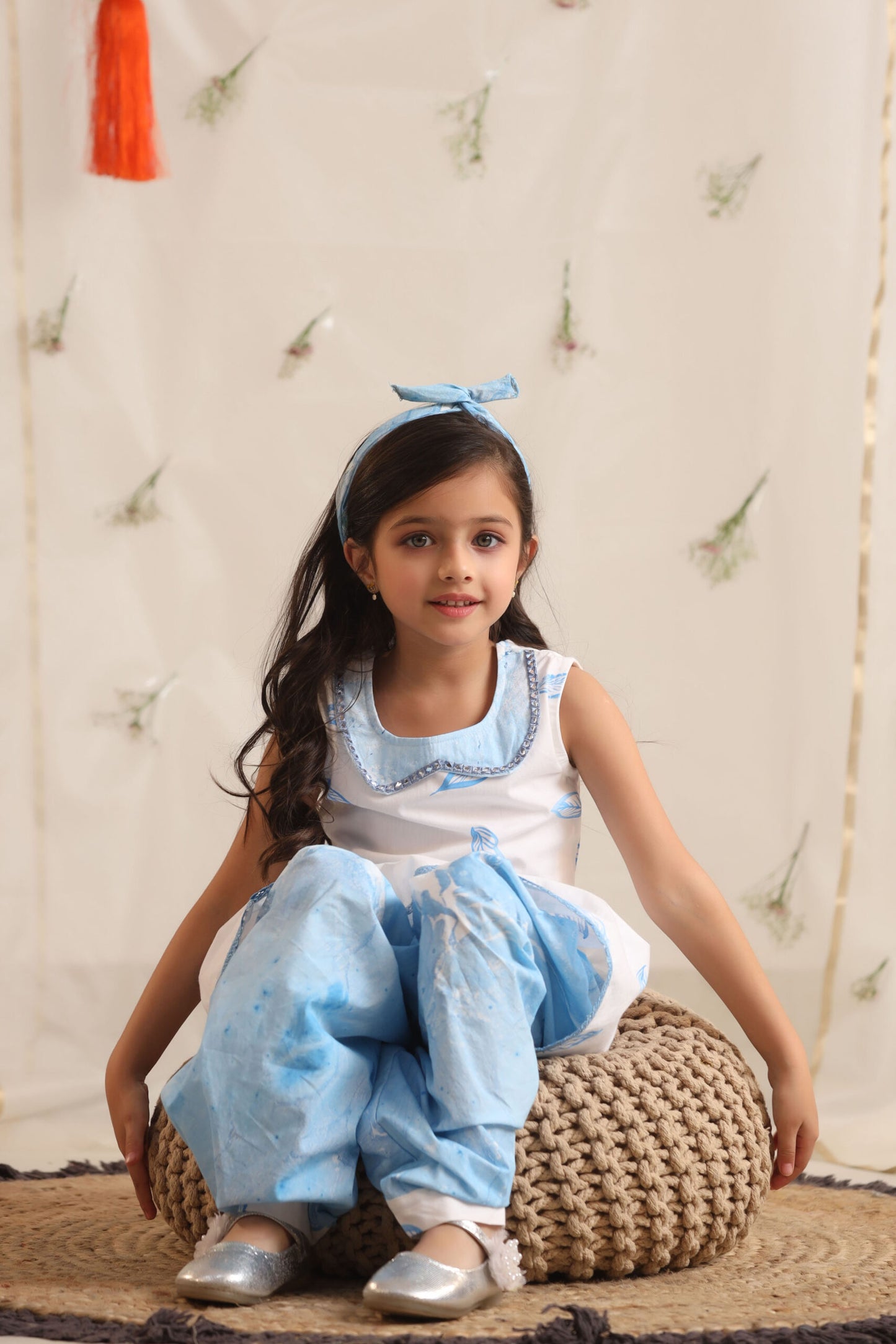 Girl Leaf Print Top with Cowl Dhoti Pants-Blue