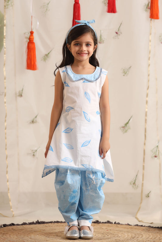 Girl Leaf Print Top with Cowl Dhoti Pants-Blue