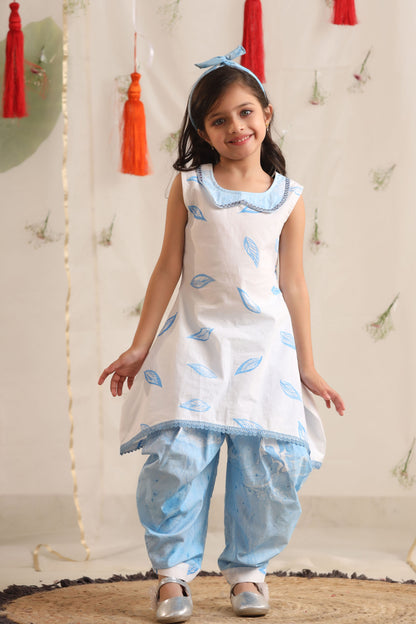 Girl Leaf Print Top with Cowl Dhoti Pants-Blue