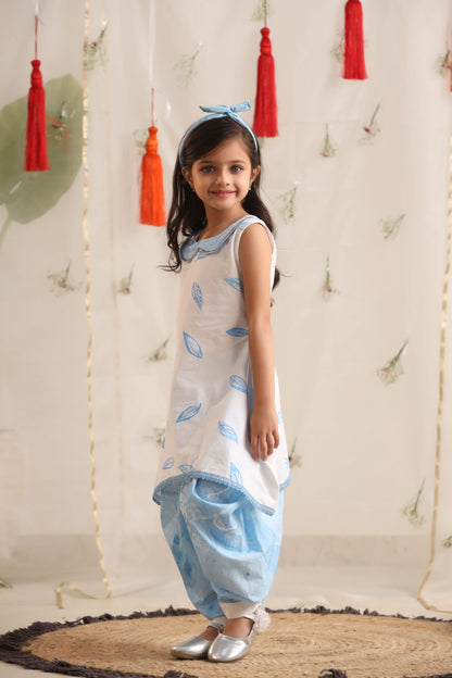 Girl Leaf Print Top with Cowl Dhoti Pants-Blue