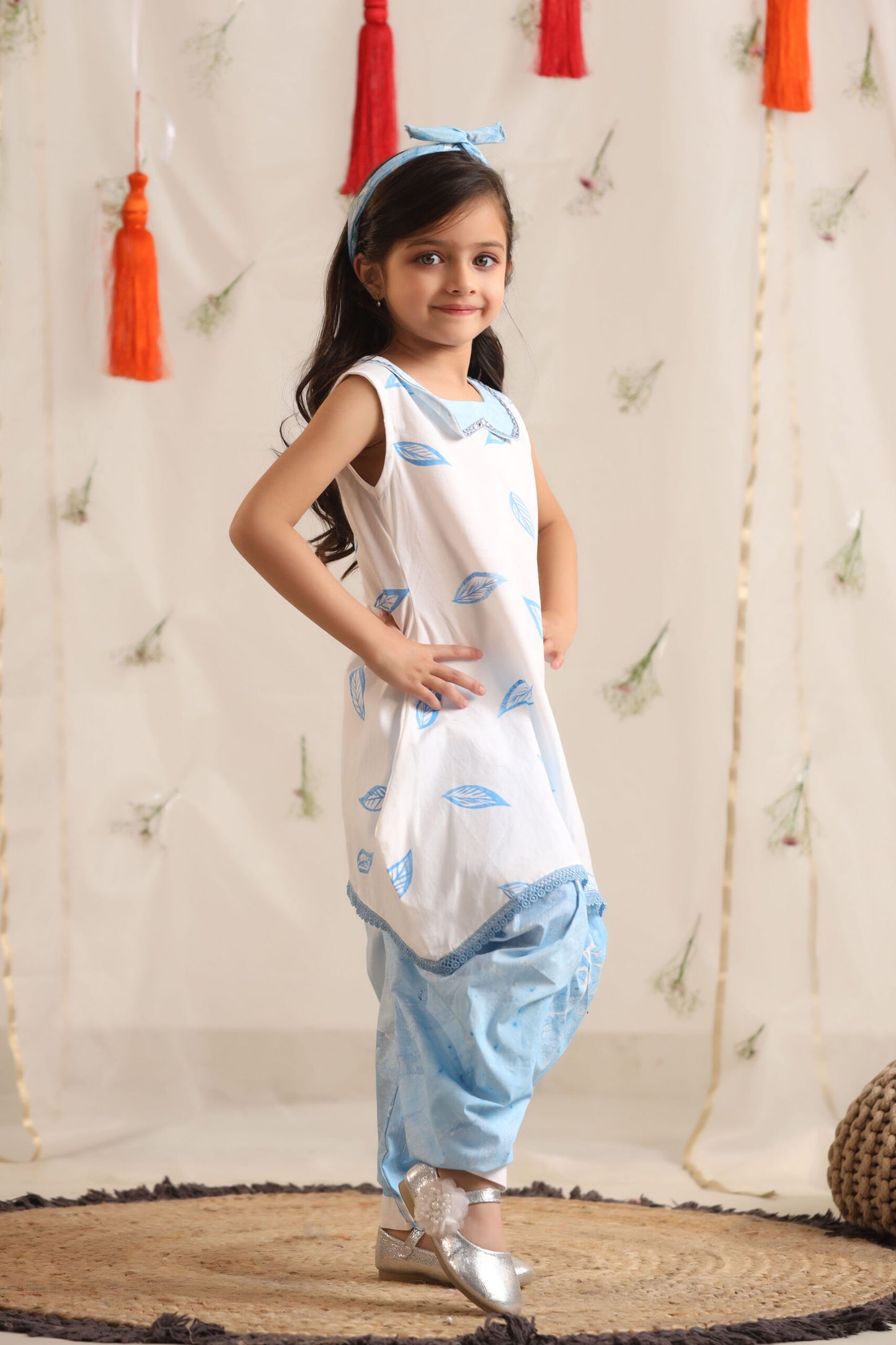 Girl Leaf Print Top with Cowl Dhoti Pants-Blue