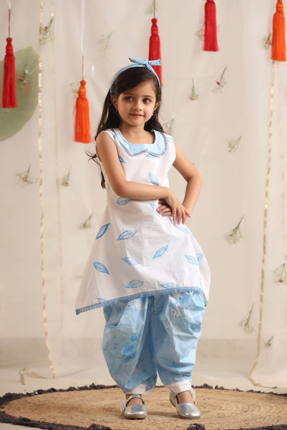 Girl Leaf Print Top with Cowl Dhoti Pants-Blue