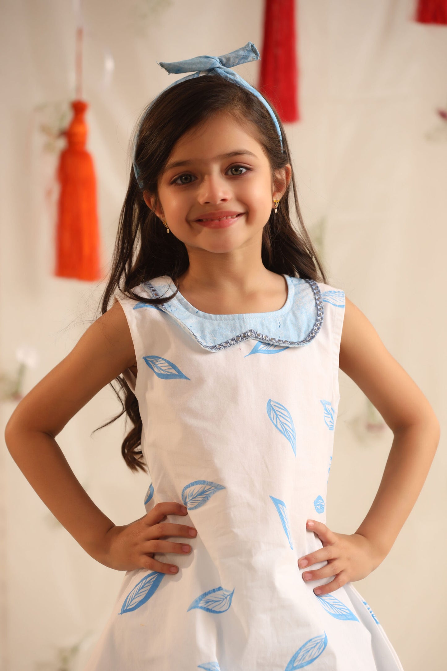 Girl Leaf Print Top with Cowl Dhoti Pants-Blue