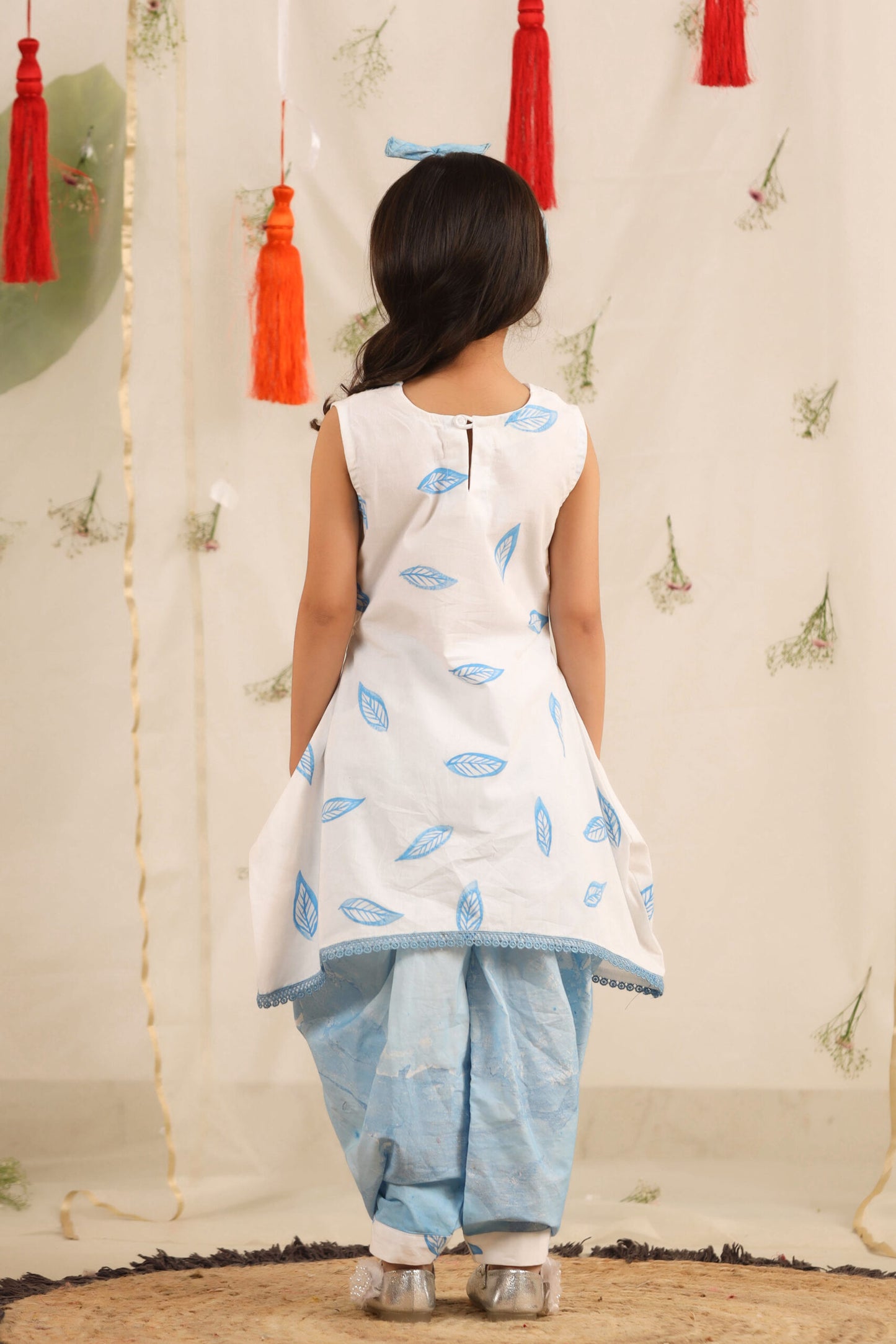 Girl Leaf Print Top with Cowl Dhoti Pants-Blue