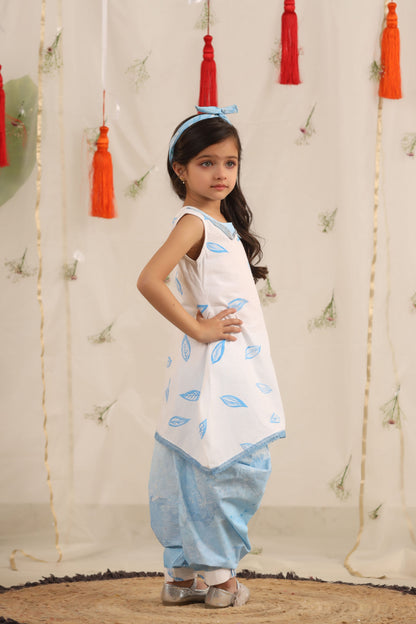 Girl Leaf Print Top with Cowl Dhoti Pants-Blue