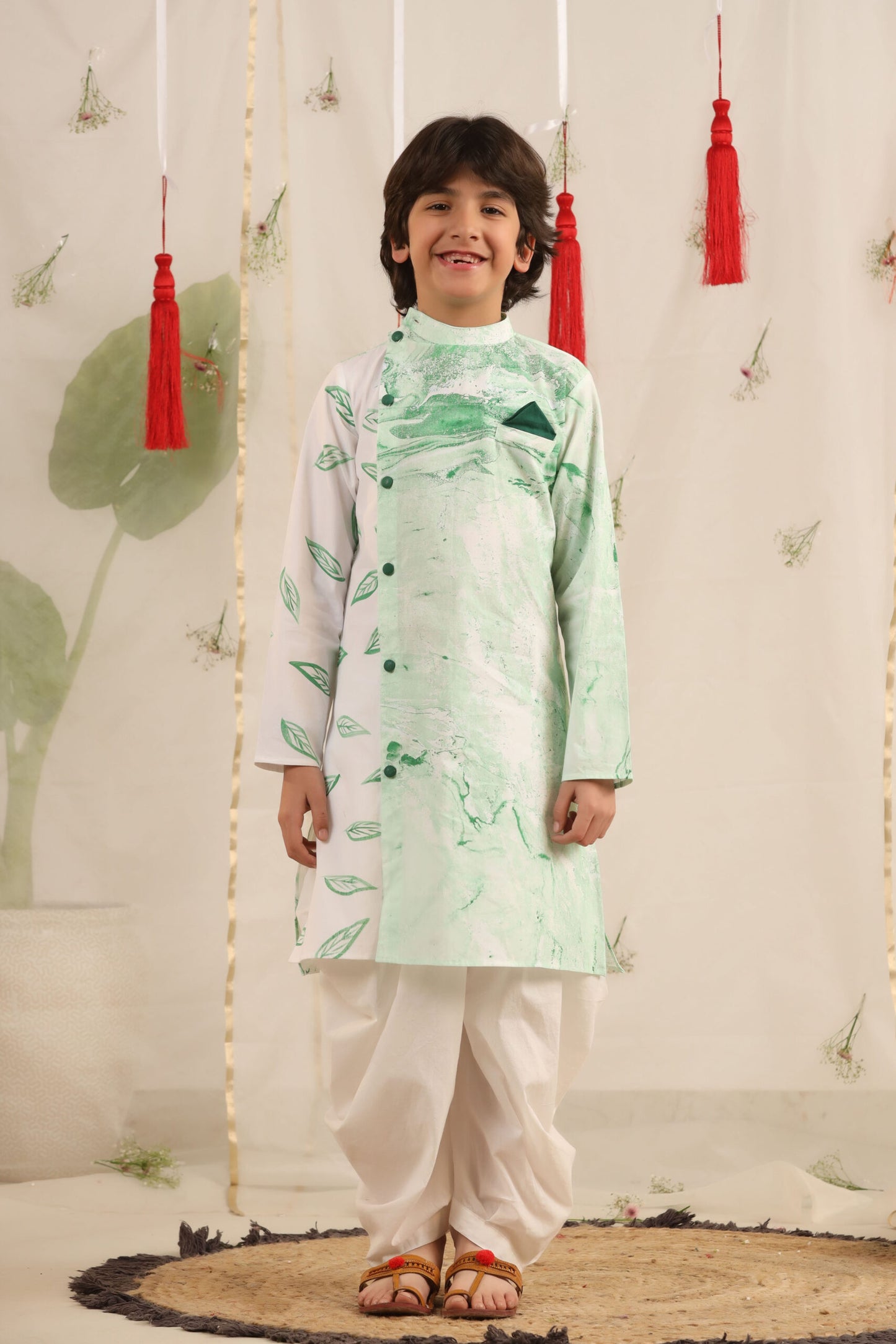 Boy Kurta Balloon Pant Set -Green