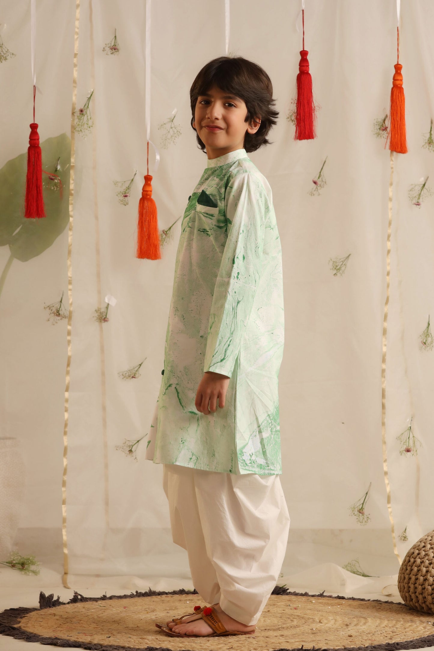 Boy Kurta Balloon Pant Set -Green